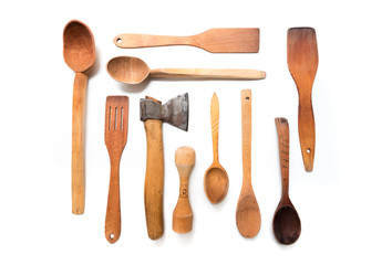 Kitchenware set of wooden spoon and fork on white background.  - Image