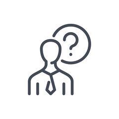 Poster - Business person with question mark line icon. Support assistant person vector outline sign.