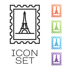 Wall Mural - Black line Postal stamp and Eiffel tower icon isolated on white background. Set icons colorful. Vector Illustration