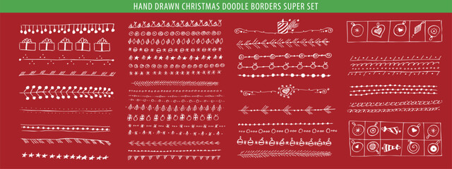 hand drawn christmas line, border, frame vector doodle design element set. template for invitation o