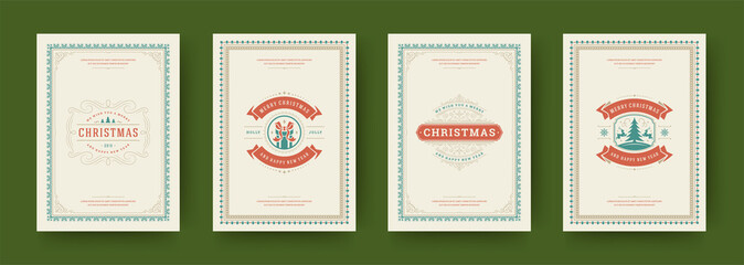Wall Mural - Christmas cards vintage typographic design ornate decorations symbols with winter holidays wishes vector illustration