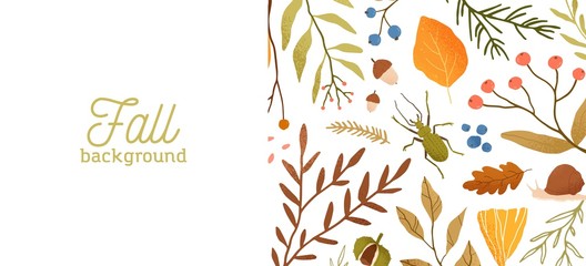 Wall Mural - Autumn forest flora and fauna flat vector illustration. Decorative fall themed background botanical concept. Seasonal nature banner design with typography. Tree leaves, branches and insects.