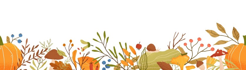 Aufkleber - Autumn themed horizontal vector seamless pattern. Fall season nature decorative floral texture. Tree foliage, vegetables and mushrooms flat illustration. Botanical background design with forest flora.
