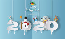 Merry Christmas And Happy New Year 2020 Concept With Snowman, Reindeer, Rabbit, Bear And Penguin, Greeting And Invitation Card.