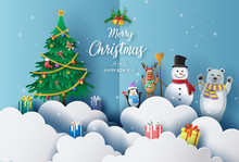 Merry Christmas And Happy New Year 2020 Concept With Snowman, Reindeer, Bear And Penguin, Greeting And Invitation Card.