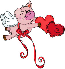 Wall Mural - Cute pig with wings and ribbon bow flying holding a red hearts