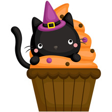 A Vector Of Cute Black Cat Hiding Inside A Halloween Cupcake