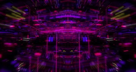 Poster - Virtual data on digital screen display, future technology and programming concept. Flying futuristic central processing unit. electronic circuitry within a computer. Seamless loop, 3D render