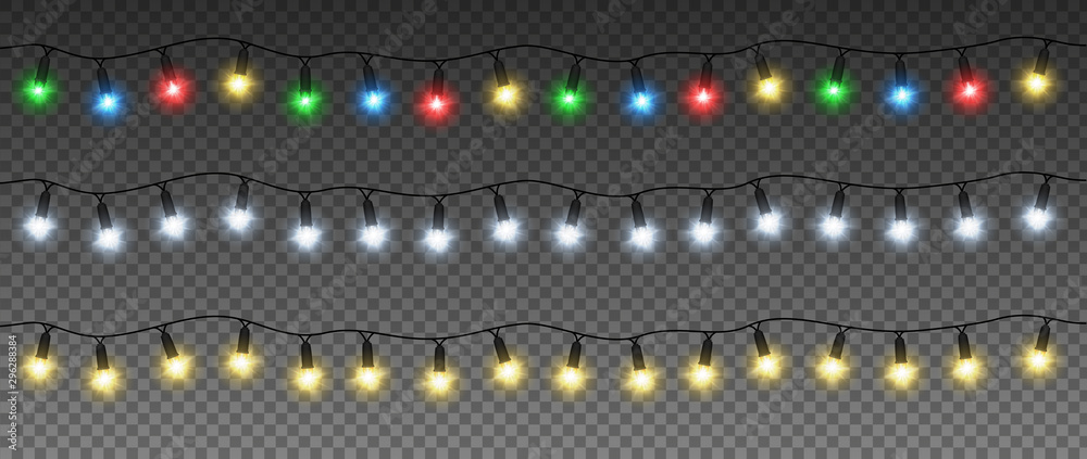 Set of Christmas garlands with colorful lamps: yellow, green, blue, red, white. Vector light effect. EPS 10 - obrazy, fototapety, plakaty 