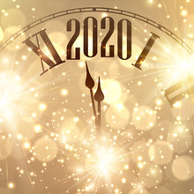 Gold Bokeh New Year 2020 Background With Clock And Lights.
