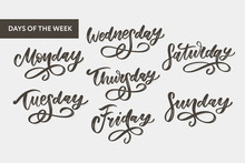 Vector Handwritten Week Days And Symbols Set. Ink Font. Stickers For Planner And Other. Clipart. Isolated.