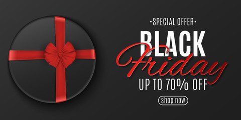 Wall Mural - Black friday poster. Dark box with red ribbon. Stylish lettering. Grand seasonal sale. Banner for your design. Vector illustration