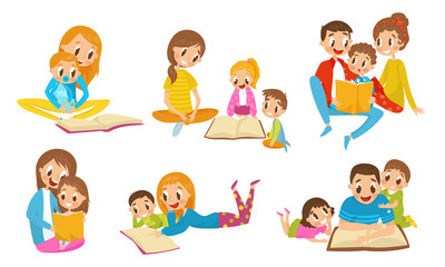 Family Reading Book Together. Parents With Thiir Kid Reading Fairy Tale Vector Illustrations Set