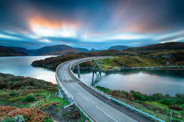 A long exposure of sunrise over Kylesku Bridge