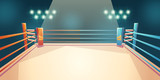 Fototapeta  - Box ring, arena for sports fighting. Empty illuminated area with spotlights and ropes. Place for boxing, wrestling, presentation of match, competition. Dangerous sport. Cartoon vector illustration