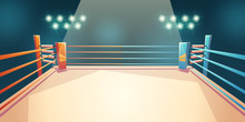 Box Ring, Arena For Sports Fighting. Empty Illuminated Area With Spotlights And Ropes. Place For Boxing, Wrestling, Presentation Of Match, Competition. Dangerous Sport. Cartoon Vector Illustration