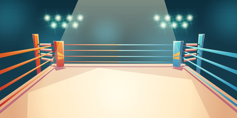 Box ring, arena for sports fighting. Empty illuminated area with spotlights and ropes. Place for boxing, wrestling, presentation of match, competition. Dangerous sport. Cartoon vector illustration