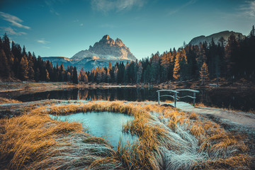 Wall Mural - Morning view of Lago Antorno, Dolomites, Lake mountain landscape with Alps peak , Misurina, Cortina d'Ampezzo, Italy