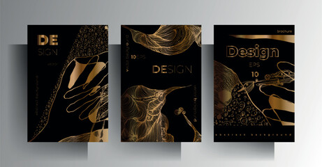 set of design templates for cover, brochure, poster, card, background. gold texture on a black backg