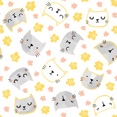 Wall Mural - Cat vector pattern with flowers. Spring, summer seamless background with cute painted cat faces.