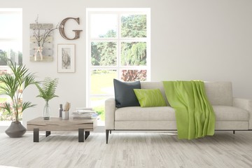 Stylish room in white color with sofa and summer landscape in window. Scandinavian interior design. 3D illustration