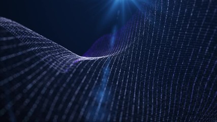 Digital blue color particles wave flow abstract motion background