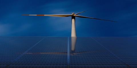 Wall Mural - clean energy concept, photovoltaic panels and wind turbines in the night