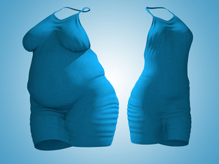 Conceptual fat overweight obese female dress outfit vs slim fit healthy body after weight loss or diet thin young woman on blue. A fitness, nutrition or fatness obesity health shape 3D illustration