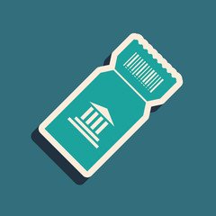 Green Museum ticket icon isolated on blue background. History museum ticket coupon event admit exhibition excursion. Long shadow style. Vector Illustration