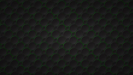 Abstract dark background of black octagon and square tiles with green gaps between them