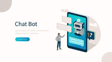  Customer Having Dialog With Chat Bot On Smartphone. Man Character Chatting With Robot. Artificial Intelligence And AI Chatbot In Marketing Concept. Flat Isometric Vector Illustration. 