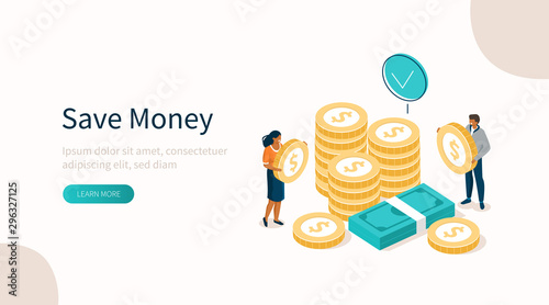 Fotomural People Characters Standing near Gold Coins Stack and Banknotes Bundle