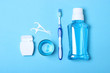 Flat composition for oral care and place for text on a light background. Dental hygiene