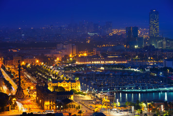 Wall Mural - view to Barcelona and Port Vell in summer night