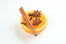 Fresh Orange Cinnamon Star Anise Clove Spice On White Background