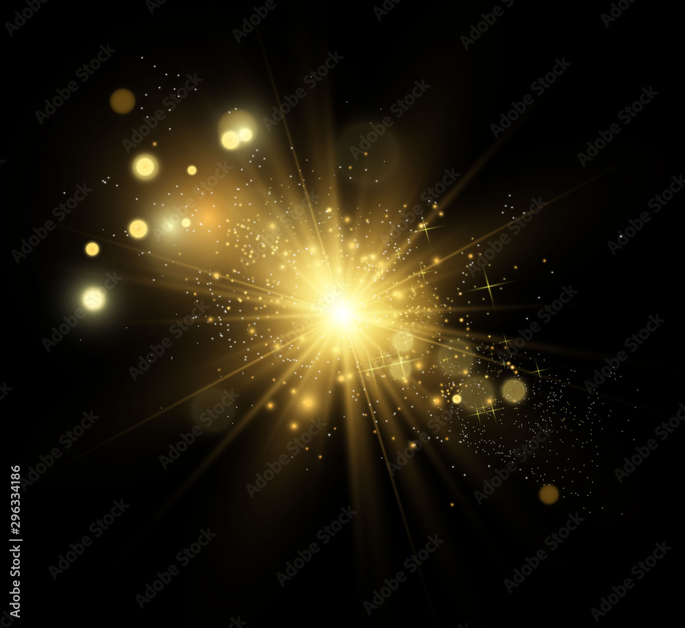 Beautiful golden vector illustration of a star on a translucent background with gold dust and glitters. A magnificent light base for your design. - obrazy, fototapety, plakaty 