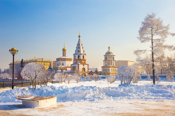 andscape of Irkutsk city of Russia during winter season,church and tree are cover by snow.It is very beautiful scene shot for photographer to take picture.Winter is high season to travelling Russia.