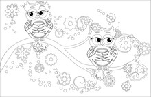 Coloring Book For Adult And Older Children. Coloring Page With Cute Owl And Floral Frame. Outline Drawing In Zentangle Style