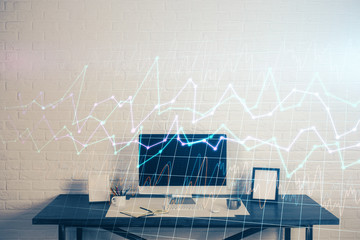 Poster - Multi exposure of forex chart and work space with computer. Concept of international online trading.