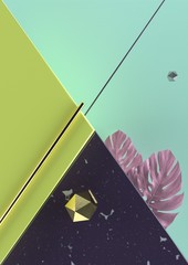 Poster - Minimalistic abstract design, composition consisting of chaotically scattered geometric elements. 3d rendering of a style of suprematism. Creative concept, modern diagonal abstract background.