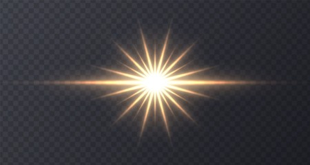 shining sun flare isolated on dark transparent background. lens flare, shining star with rays concep