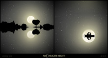 Set Of Vector Illustrations With Silhouettes Of People In Park On Moonlit Night. Romantic Landscape With Tree In Shape Of Heart. Lovers Swim In Boat On River. Full Moon In Starry Sky