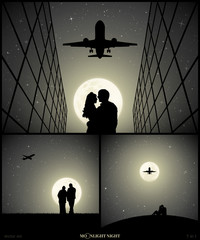 Sticker - Set of vector illustrations with silhouettes of people in park on moonlit night. Lovers under flying plane. Elderly couple and aircraft. Full moon in starry sky