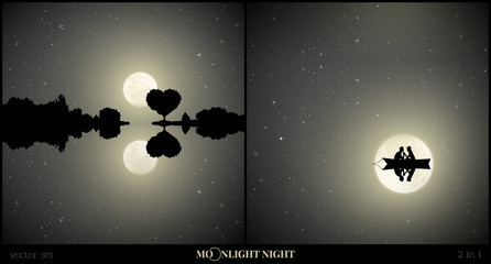 Canvas Print - Set of vector illustrations with silhouettes of people in park on moonlit night. Romantic landscape with tree in shape of heart. Lovers swim in boat on river. Full moon in starry sky