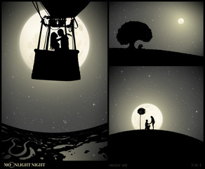 Sticker - Set of vector illustrations with silhouettes of people in park on moonlit night. Lovers in balloon. Loving couple under tree on hill. Romantic marriage proposal. Full moon in starry sky