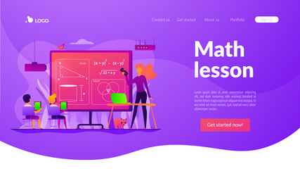 Kids studying mathematics in digital classroom with teacher, tiny people. Math lessons, digital maths laboratory, math tutoring classes concept. Website homepage header landing web page template.