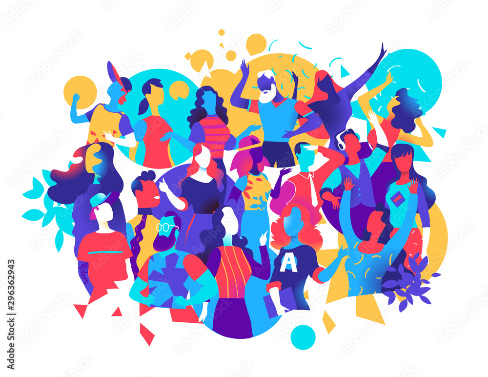 Group of male and female characters celebrate, have fun, dance at a party. Vector illustration - obrazy, fototapety, plakaty 
