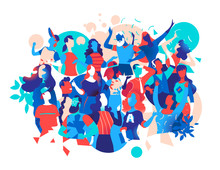 Group Of Male And Female Characters Celebrate, Have Fun, Dance At A Party. Vector Illustration