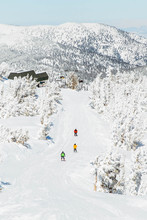 Rear View Of People Skiing On Snowy Landscape