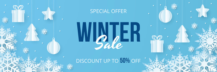 Poster - Winter sale banner. Paper cut vector. Vector Illustration.